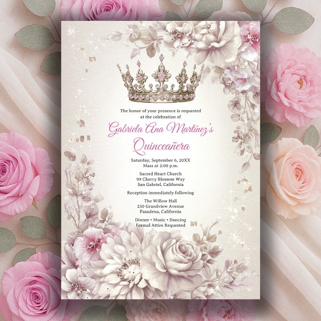 Rosa Silverkrona Blommig Quinceañera Inbjudningar (Pink Silver Crown Floral Quinceañera Invitation
)