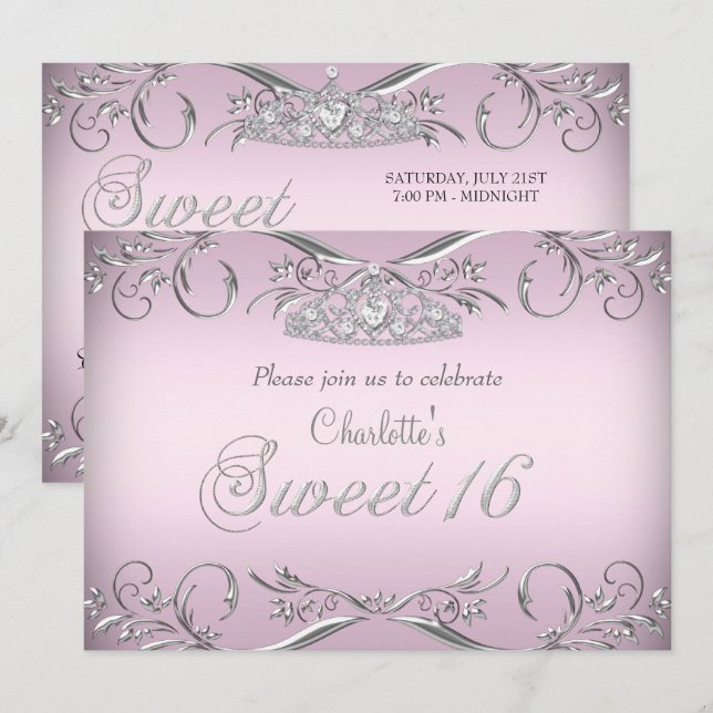 Rosa silvertiara Sweet 16 födelsedag Inbjudningar (Fram/baksida)