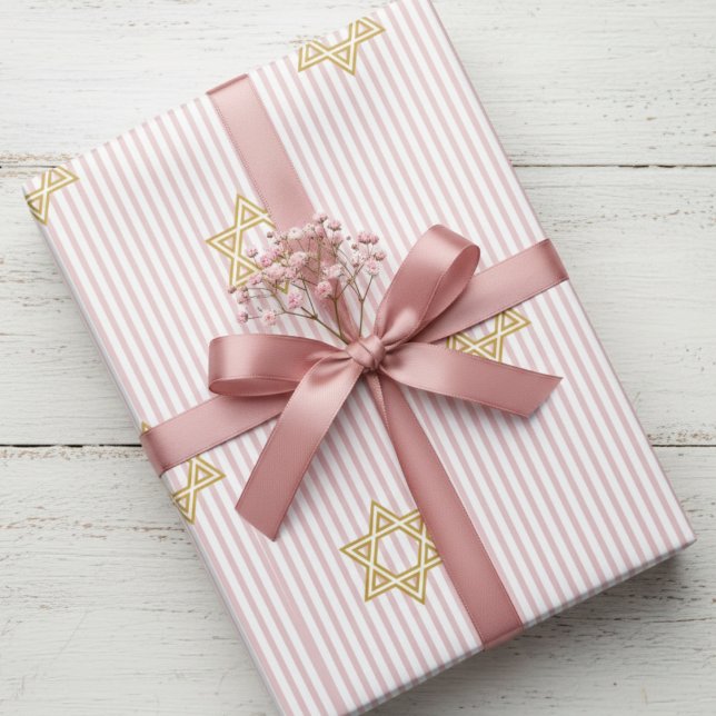 Rosa Simchat Bat Brit Bat Judisk Babyflicka Presentpapper (Jewish Star of David Baby Girl Wrapping Paper for Bris & Baby Naming Ceremony, Mazel Tov & Hanukkah)