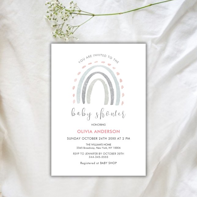 Rosa Simple Boho Rainbow Baby Shower Inbjudningar (Pink Simple Boho Rainbow Girl Baby Shower Invitation)