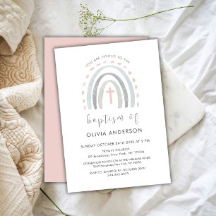 Rosa Simple Boho Rainbow Kor Girl Baptism Inbjudningar