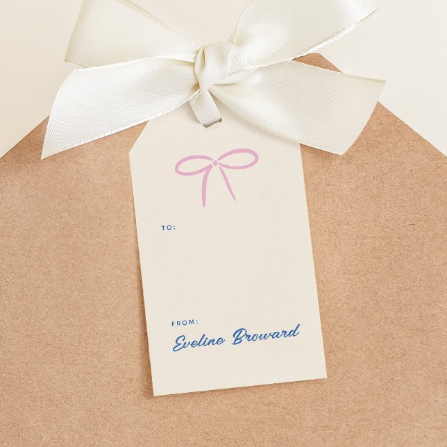 Rosa Simple Bow Blank Gift-Märkre Presentetikett (everyday gifts tag featuring a simple pink bow and soft blue personalized text with a pattern)