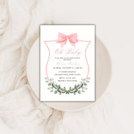 Rosa Simple Bow Eucalyptus Vapensköld Girl Baby Sh Inbjudningar