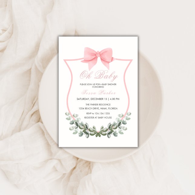Rosa Simple Bow Eucalyptus Vapensköld Girl Baby Sh Inbjudningar (Pink Simple Bow Eucalyptus Crest Girl Baby Shower Invitation)