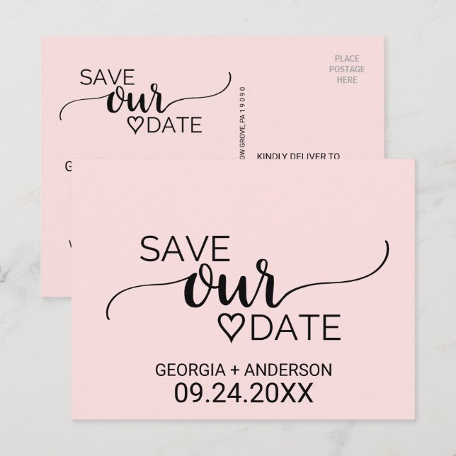  Rosa Simple Calligraphy Spara our Date Meddelande Vykort (Fram/baksida)