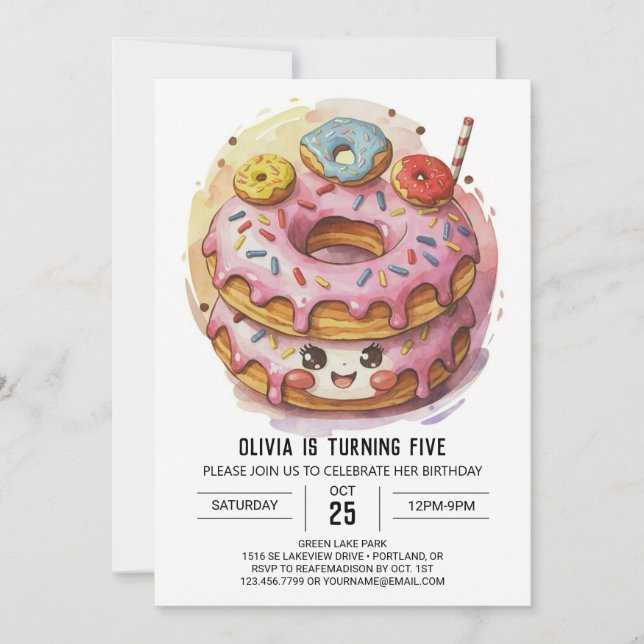 Rosa Simple Donuts Birthday Inbjudningar (Framsida)