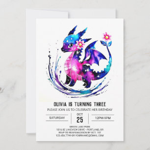 Rosa Simple Dragon Digital Girl Birthday Inbjudningar