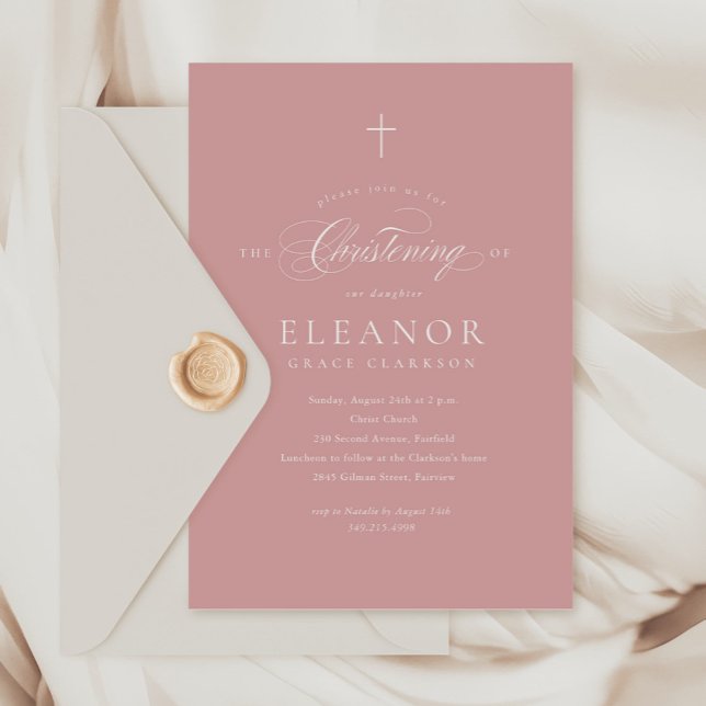 Rosa Simple Elegant Kor Calligraphy Christening Inbjudningar (Skapare uppladdad)