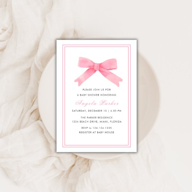 Rosa Simple Minimalist Bow Girl Baby Shower Inbjudningar (Pink Simple Minimalist Bow Girl Baby Shower Invitation)