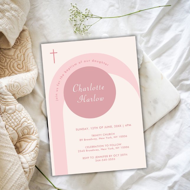 Rosa Simple Modern Boho Arch Kor Girl Girl Baptism Inbjudningar (Pink Simple Modern Boho Arch Cross Girl Baptism Invitation)
