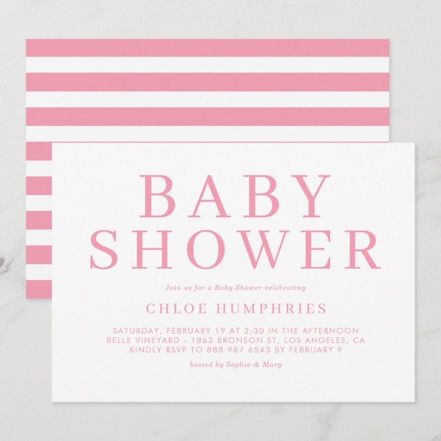 Rosa Simple Typography Rand Girl Baby Shower Inbjudningar (Fram/baksida)