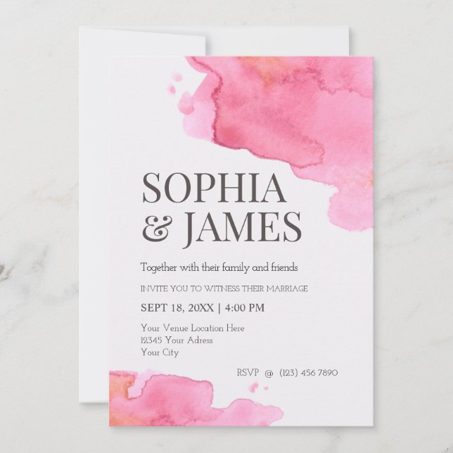 Rosa Simple Watercolor Push Bröllop Inbjudningar (Framsida)