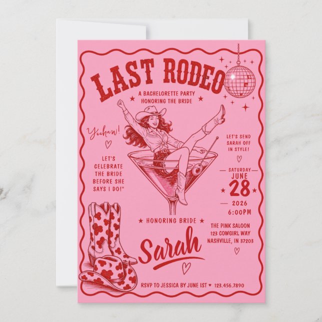 Rosa Sista Rodeo-helgens Möhippa-fest Inbjudningar (Framsida)