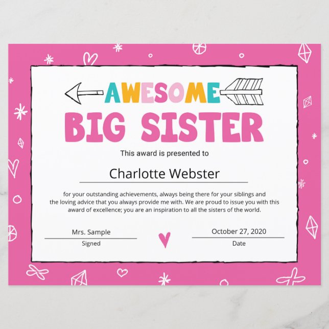 Rosa Sister Certificate Big Sister Certificate (Framsida)