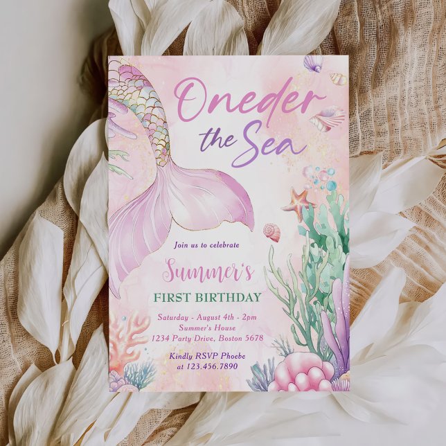 Rosa sjöjungfru 1-års födelsedagsfest Under havet- Inbjudningar (Skapare uppladdad)