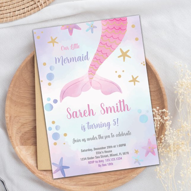 Rosa Sjöjungfru Bjud födelsedagsinbjudan Inbjudningar (Pink Mermaid Birthday Invitation)