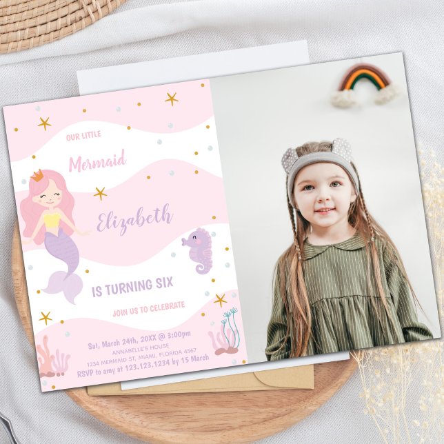 Rosa Sjöjungfru Bjud in med foto på födelsedag Inbjudningar (Mermaid Pink Birthday Invitations with photo)