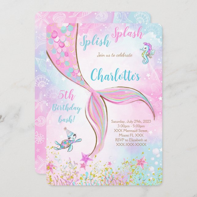 Rosa sjöjungfru födelsedagsinbjudan inbjudningar (Fram/baksida)