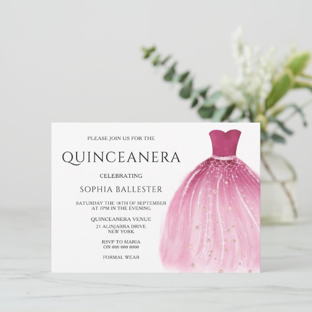  Rosa Sjöjungfru Gown Dress Quinceanera Inbjudningar (Stående Fram)