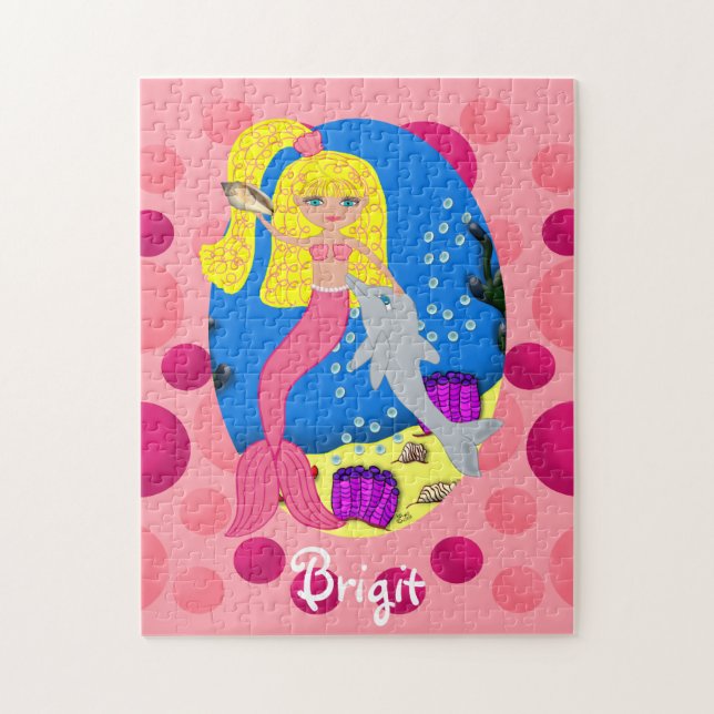 Rosa Sjöjungfru i oceanen med delfiner Pussel (Vertikal)