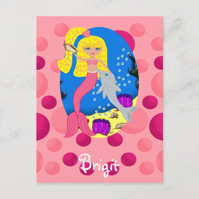 Rosa Sjöjungfru i oceanen med delfiner Vykort (Framsida)
