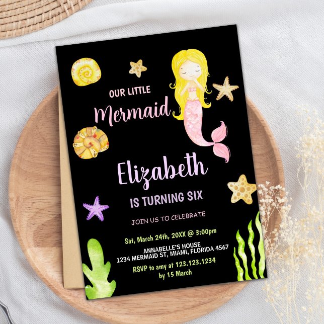Rosa Sjöjungfru Little Sjöjungfru Birthday-inbjudn Inbjudningar (Pink Mermaid Little Mermaid Birthday Invitations)