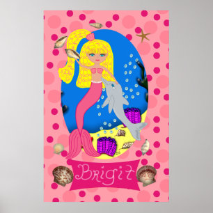 Rosa Sjöjungfru och delfinutskrift Poster