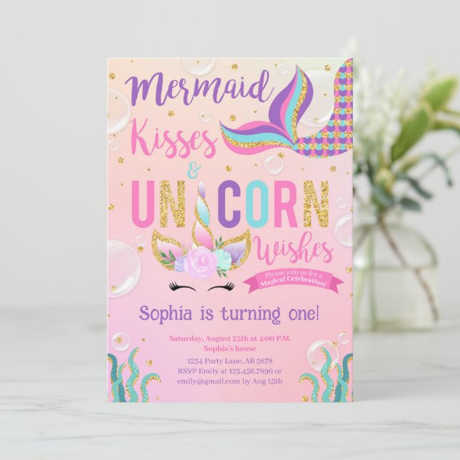 Rosa Sjöjungfru och Unicorn Birthday Inbjudningar (Stående Fram)