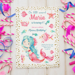 Rosa Sjöjungfru Sea Girl Birthday Bjud Inbjudningar