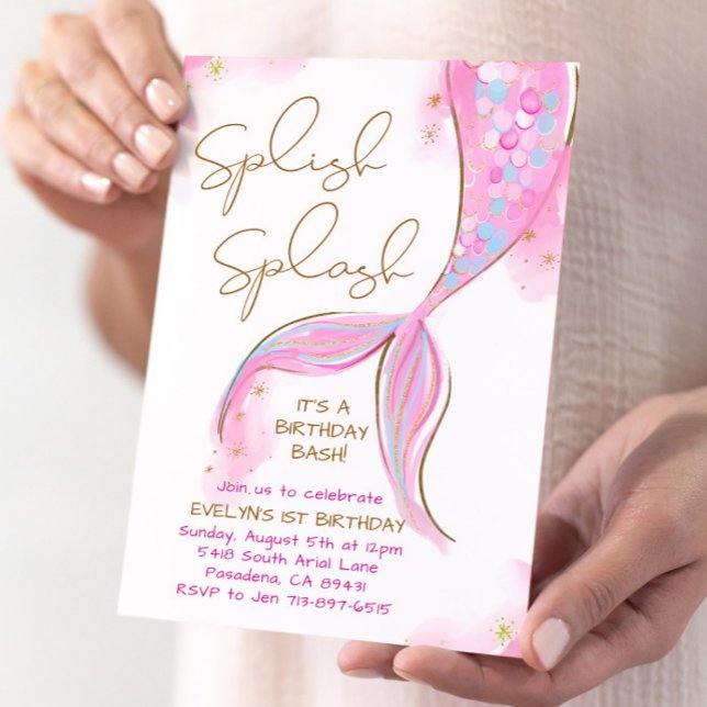 Rosa Sjöjungfru Splish Stänk Girl Birthday Inbjudningar (Skapare uppladdad)