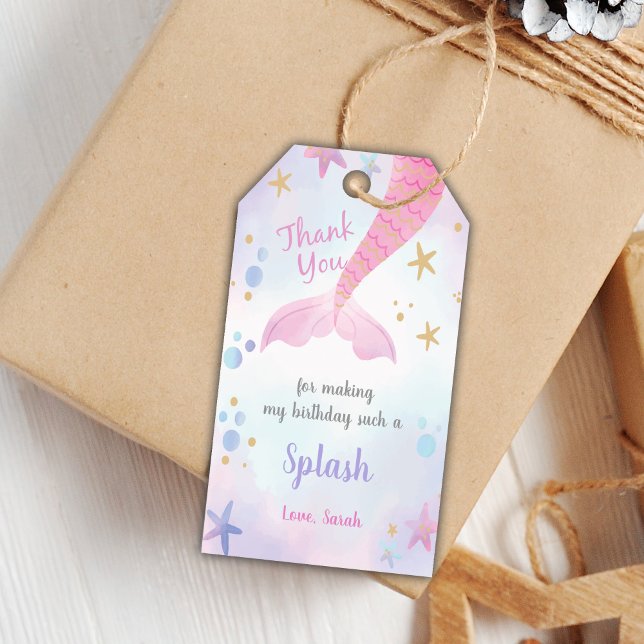 Rosa Sjöjungfru Svan Birthday Gift Märkres Presentetikett (Pink Mermaid Tail Birthday Gift Tags)