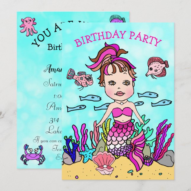 Rosa sjöjungfru under havet födelsedagsfest inbjudningar (Fram/baksida)