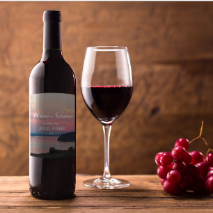 Rosa Sjölandskap Sunset Photo Personlig Vinflaska Etikett