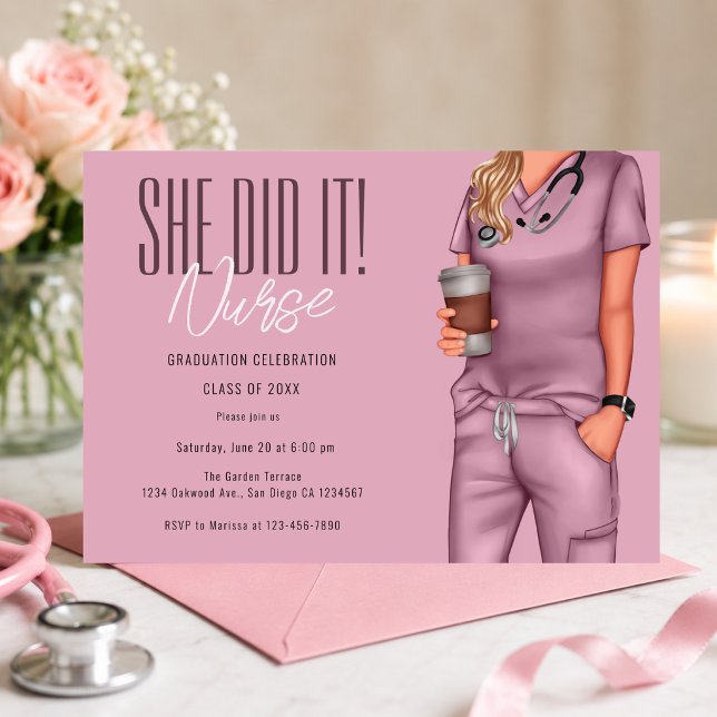 Rosa sjuksköterskeexamen firande inbjudan (Elegant pink nurse graduation invitation with a modern feminine editorial aesthetic )