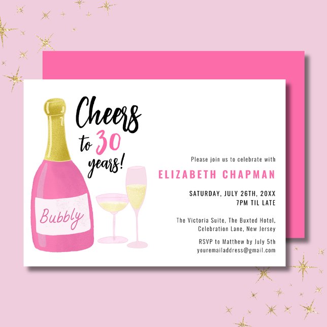 Rosa Skål för 30 år fizz 30-årsdag Inbjudningar (Cheers to 30 years pink champagne 30th birthday invitation.  Full 30th birthday party range.)