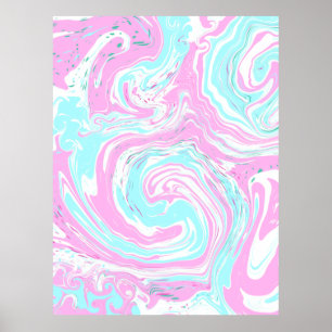 Rosa, skalblått, trålgt, marmor, fluidkonst poster