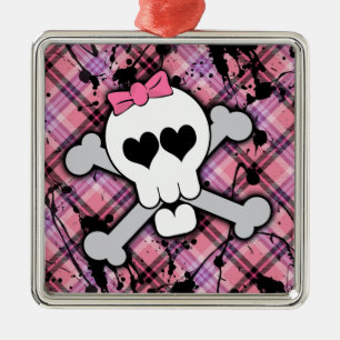 Rosa skalle och Crossbones med hjärtor och Julgransprydnad Metall