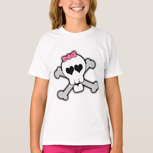 Rosa skalle och Crossbones med hjärtor och T-shirt (Framsida)