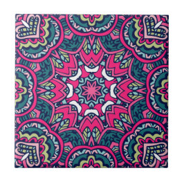 Rosa, skalning och Grönt Vibrant Blommigt Mandala Kakelplatta