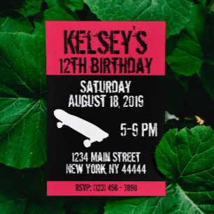 Rosa Skateboard Birthday, Skate board, Girl Inbjudningar