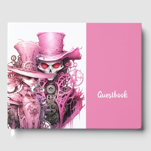 Rosa Skeleton Bröllop Steampunk Gästböcker (Framsida)