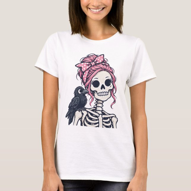 Rosa skelettflicka Raven  T Shirt (Framsida)