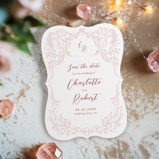 Rosa Sketched Vintage Flourish Monogram Bröllop Spara Datumet (Pink Sketched Vintage Flourish Monogram Wedding Save The Date)
