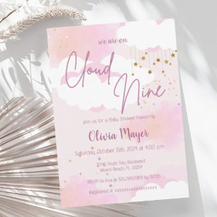 Rosa Ski Cloud Nine Girl Watercolor Baby Shower Inbjudningar
