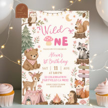 Rosa skogs djur Wild One flicka födelsedag