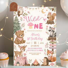 Rosa skogs djur Wild One flicka födelsedag Inbjudningar