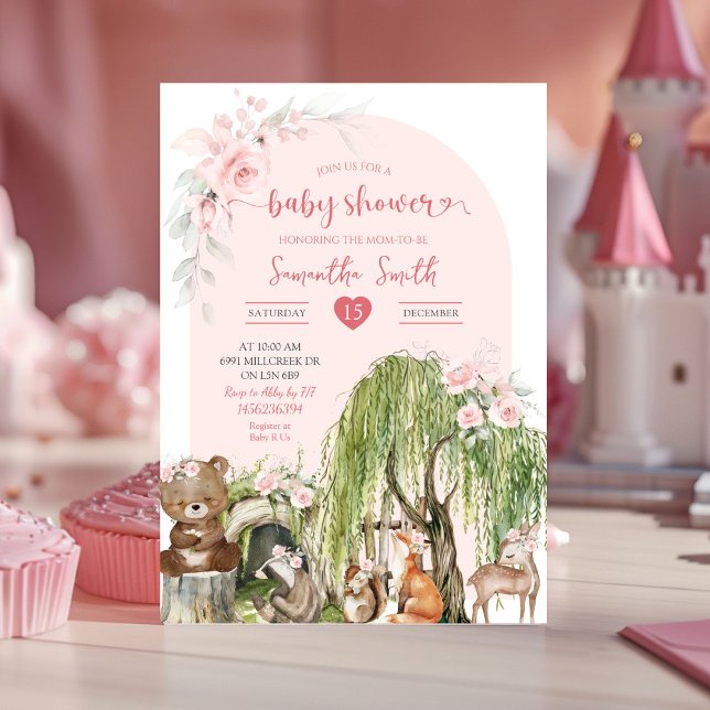 Rosa skogsdjur Förtrollad skog Baby Shower Inbjudningar (Skapare uppladdad)
