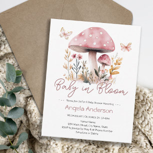 Rosa skogsskötselssvamp Baby i blom Baby shower Inbjudningar