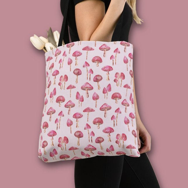 Rosa skogssvampmönster tygkasse (Pink mushroom all over print tote bag)