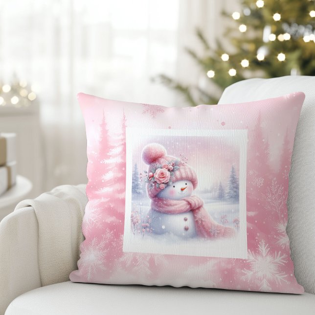 Rosa skogstomte ljust vinterscen kudde (Pink Forest Snowman Bright Winter Scene Cushion)